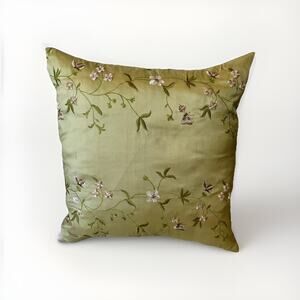 Vtg 100% Silk Pillow Dupioni Decor Down Feather Embroidery Butterflies ,Flowers